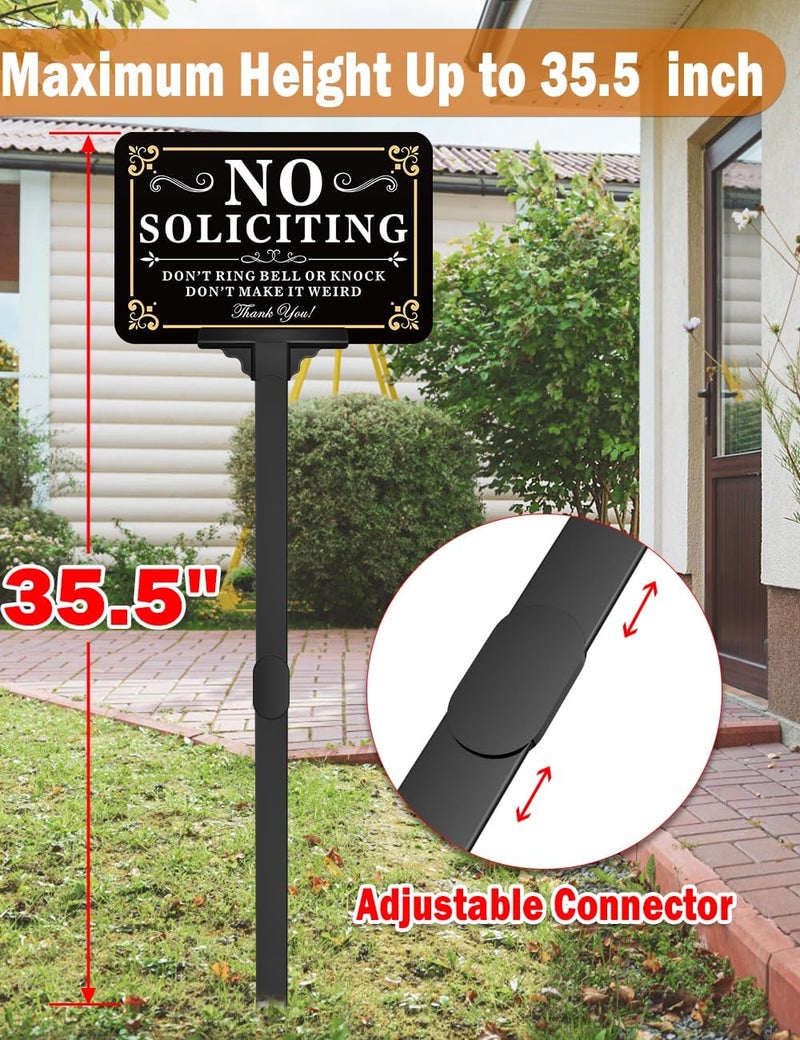 multiwins No Soliciting Sign for House with Stake - Adjustable Height - 12 x 8 Inch/37 Inch High - 50-mil Thick Aluminum -Metal No Soliciting Yard Sign for Home/Front Door and Business (Rectangle-Gold-01) - Image 2